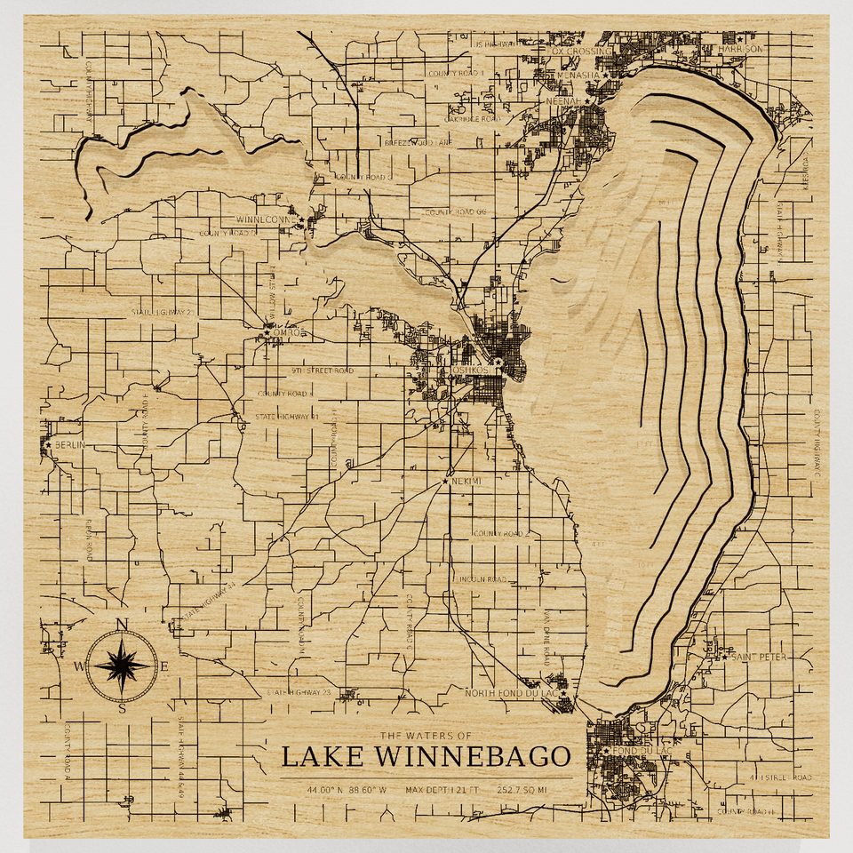 Lake Winnebago 3D wood map, front view