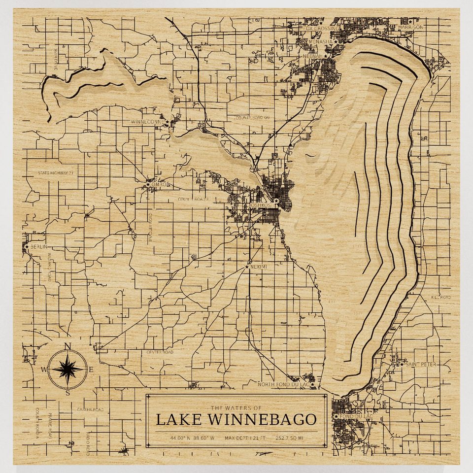 Lake Winnebago 3D wood map, front view