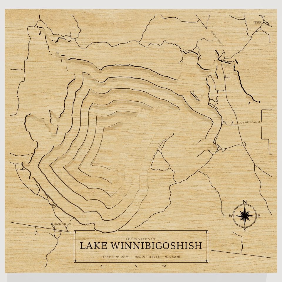 Lake Winnibigoshish 3D wood map, front view