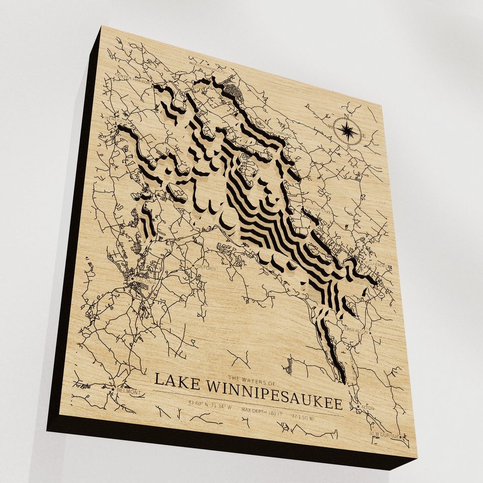 Lake Winnipesaukee 3D wood map, angle low view