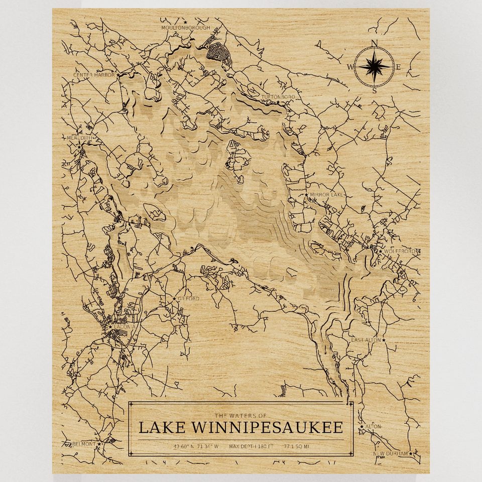 Lake Winnipesaukee 3D wood map, front view