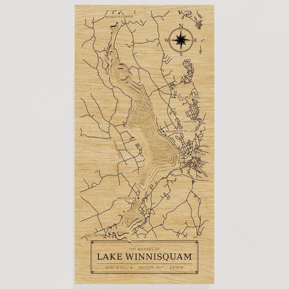 Lake Winnisquam 3D wood map, front view