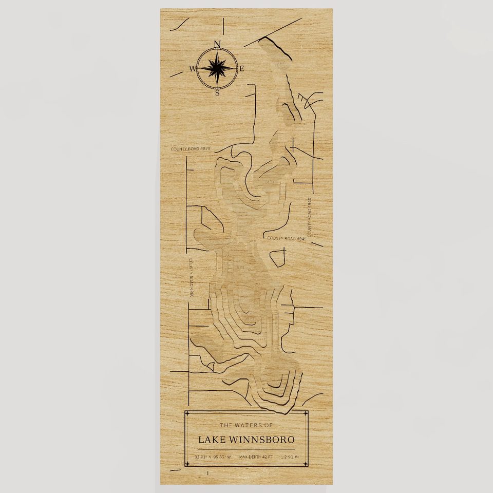 Lake Winnsboro 3D wood map, front view