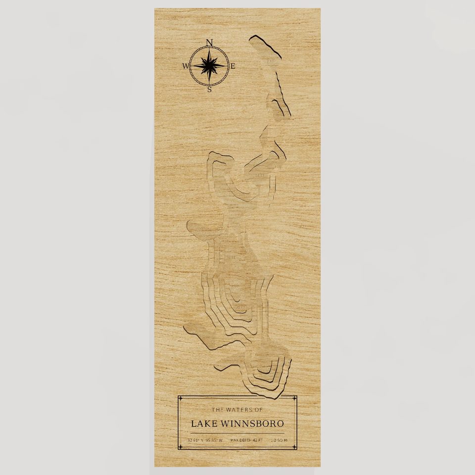 Lake Winnsboro 3D wood map, front view