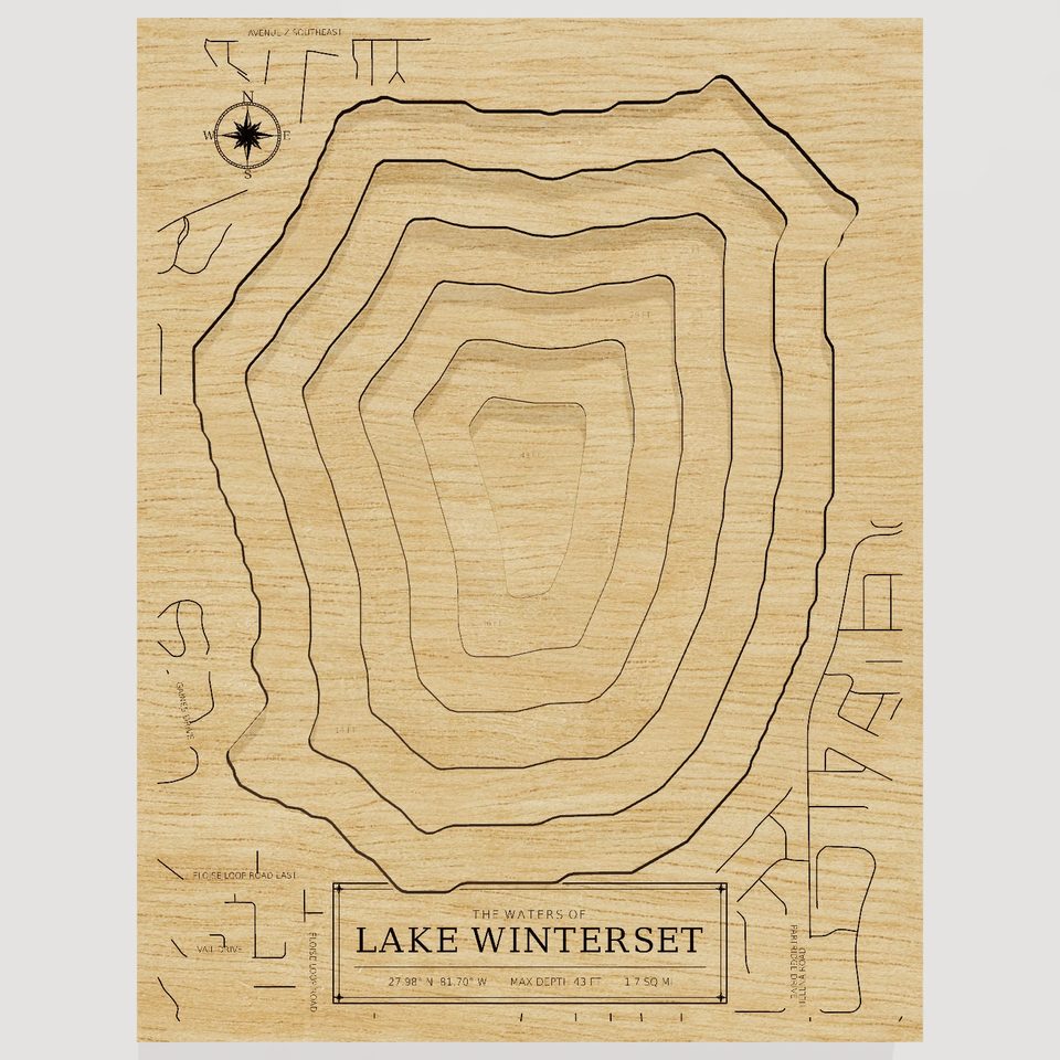 Lake Winterset 3D wood map, front view