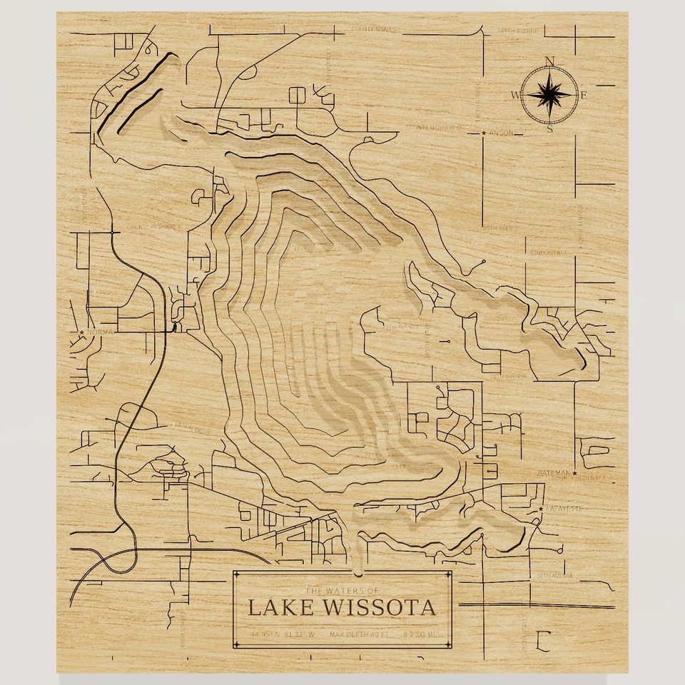 Lake Wissota 3D wood map, front view