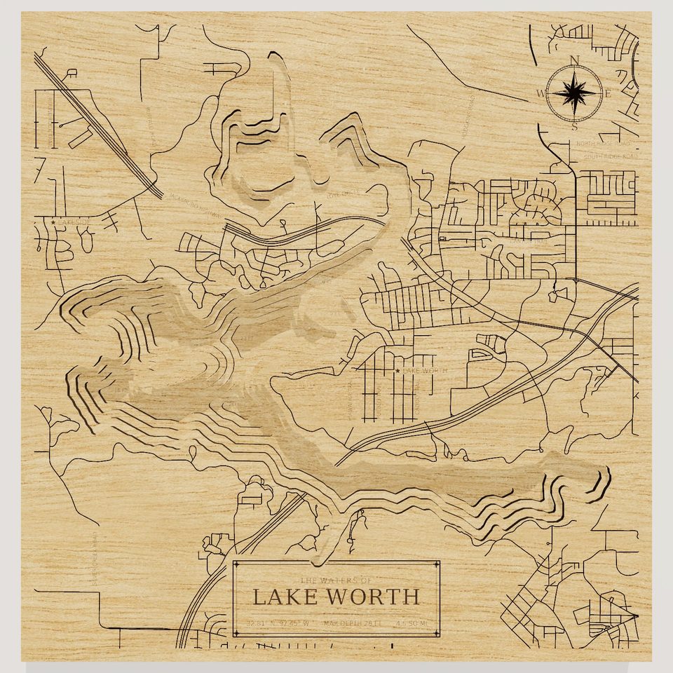 Lake Worth 3D wood map, front view