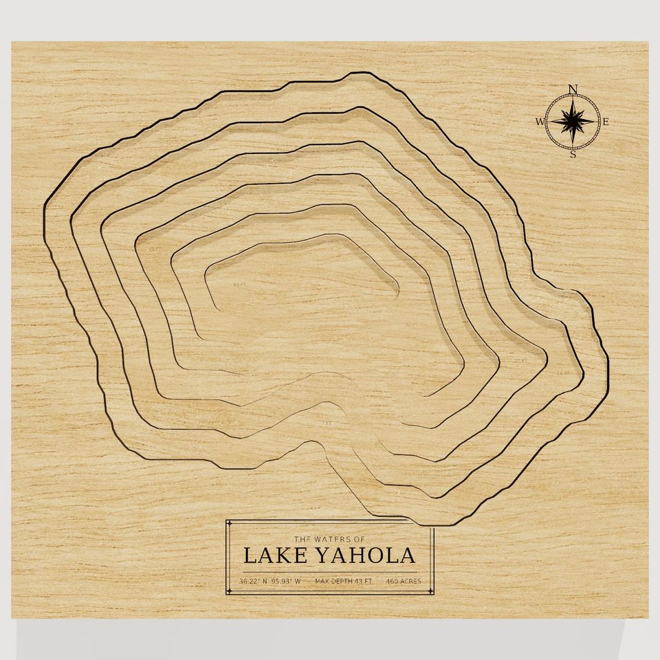 Lake Yahola 3D wood map, front view
