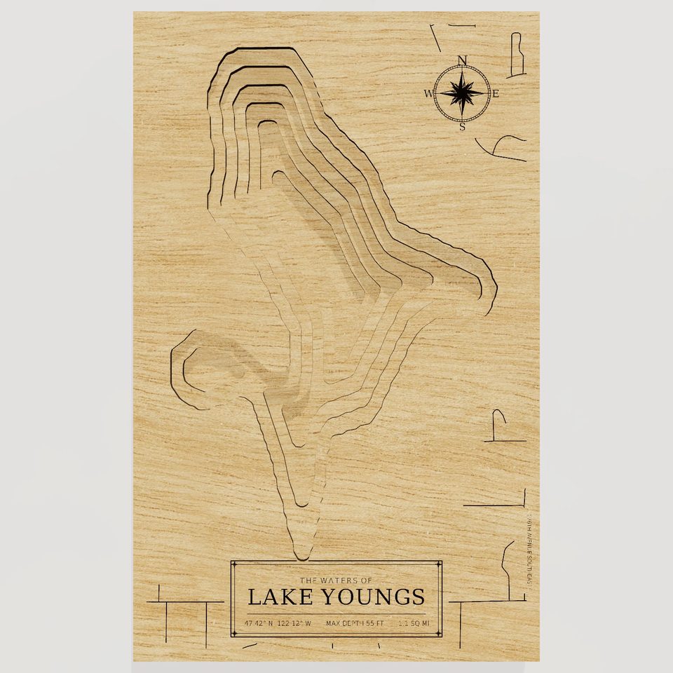 Lake Youngs 3D wood map, front view