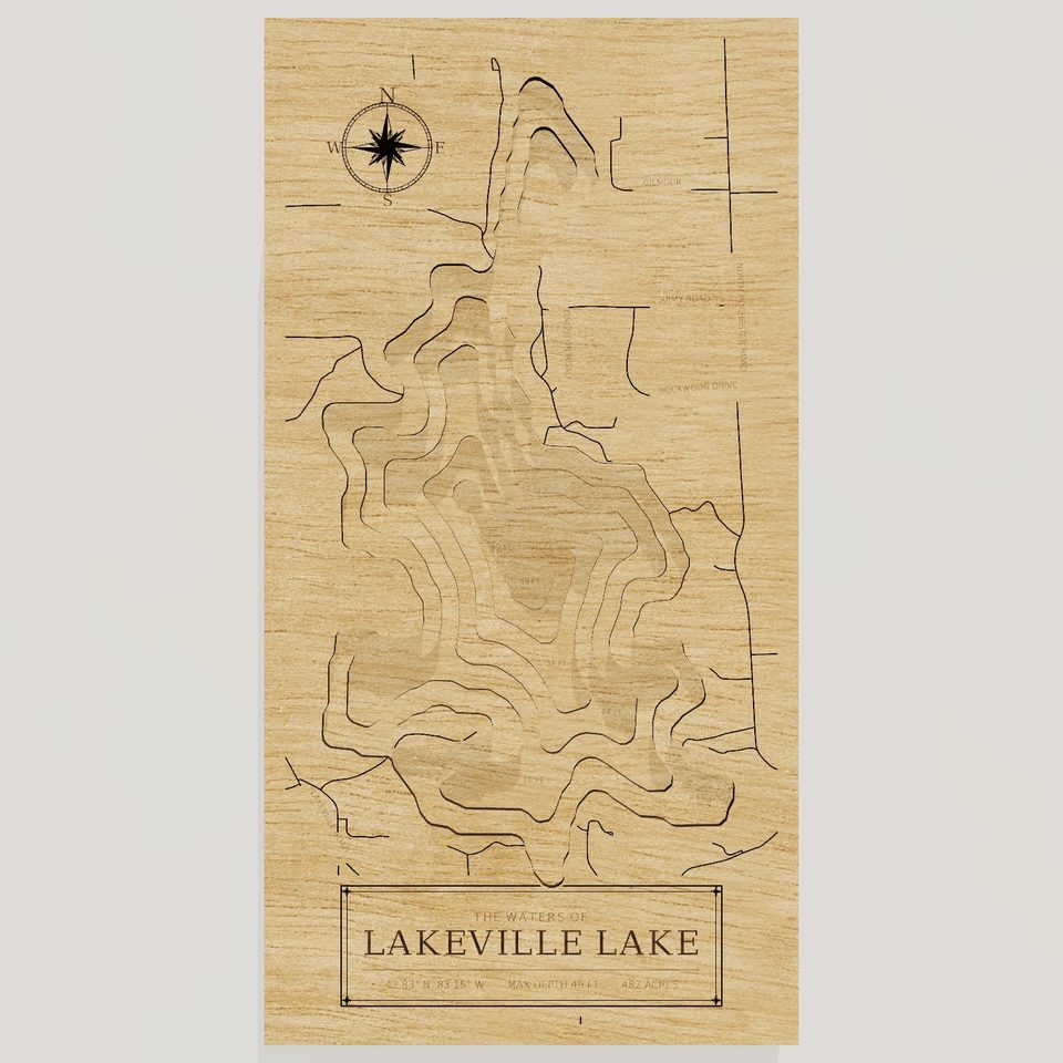Lakeville Lake 3D wood map, front view