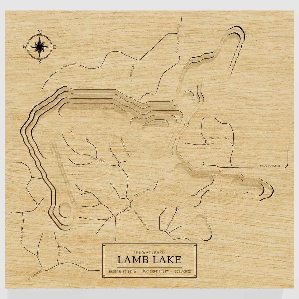 Lamb Lake 3D wood map, front view