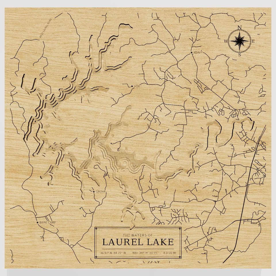 Laurel Lake 3D wood map, front view