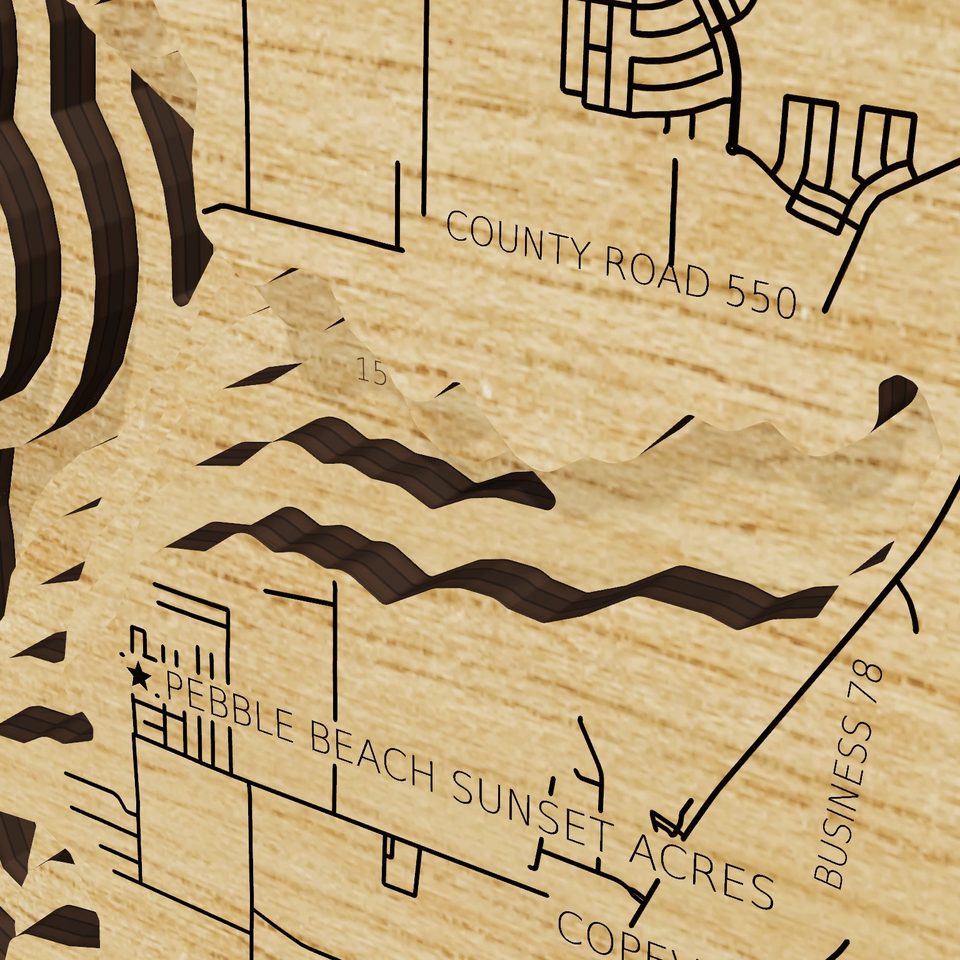 Lavon Lake 3D wood map, detail view