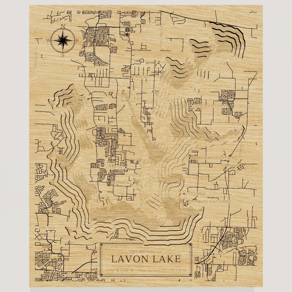 Lavon Lake 3D wood map, front view