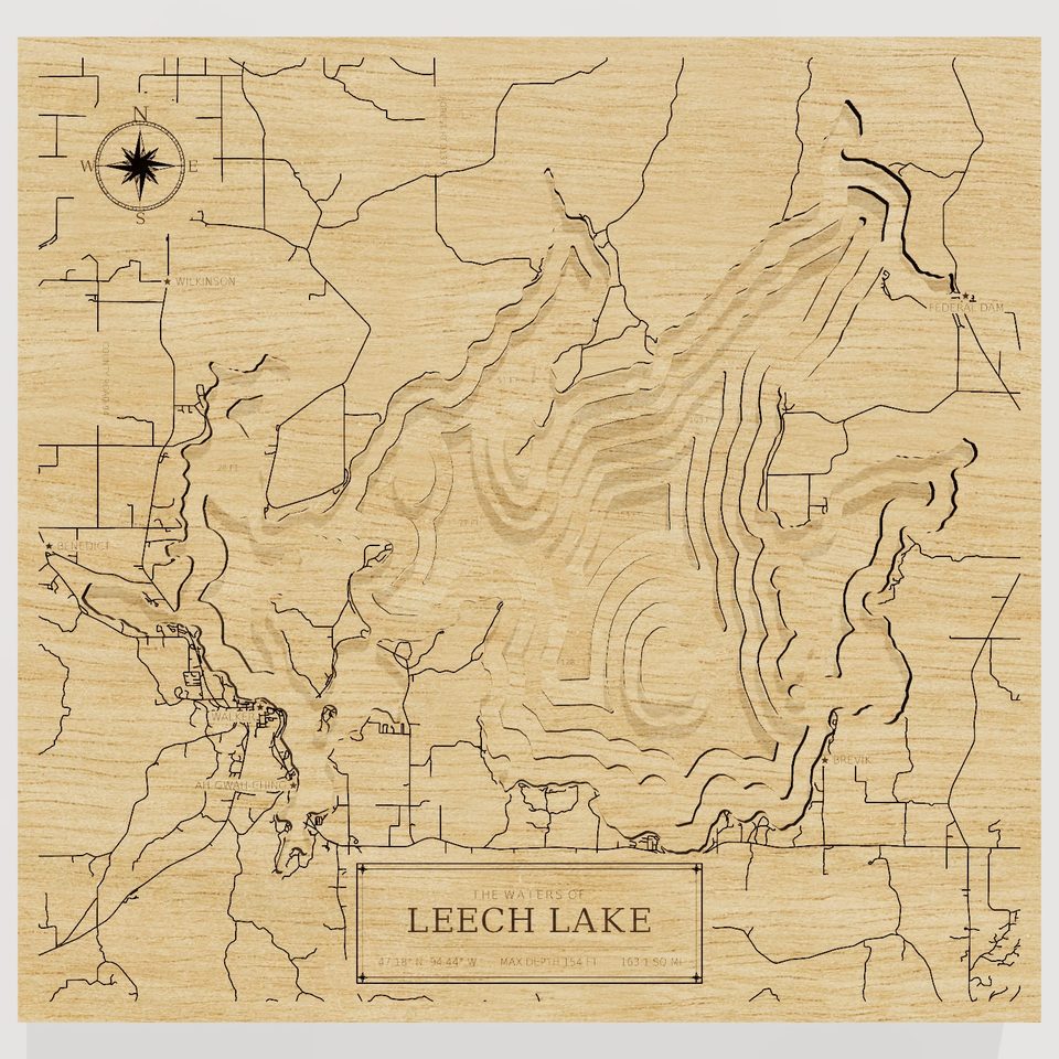 Leech Lake 3D wood map, front view