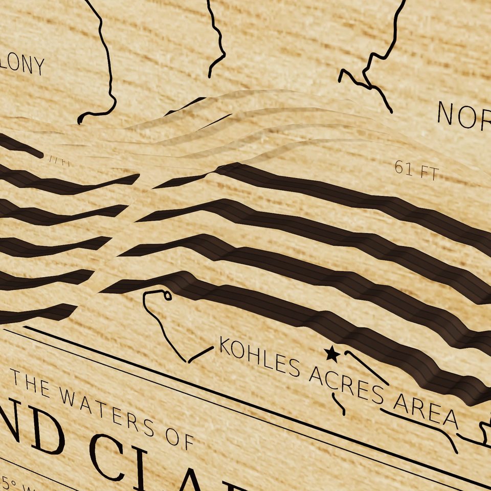 Lewis and Clark Lake 3D wood map, detail view