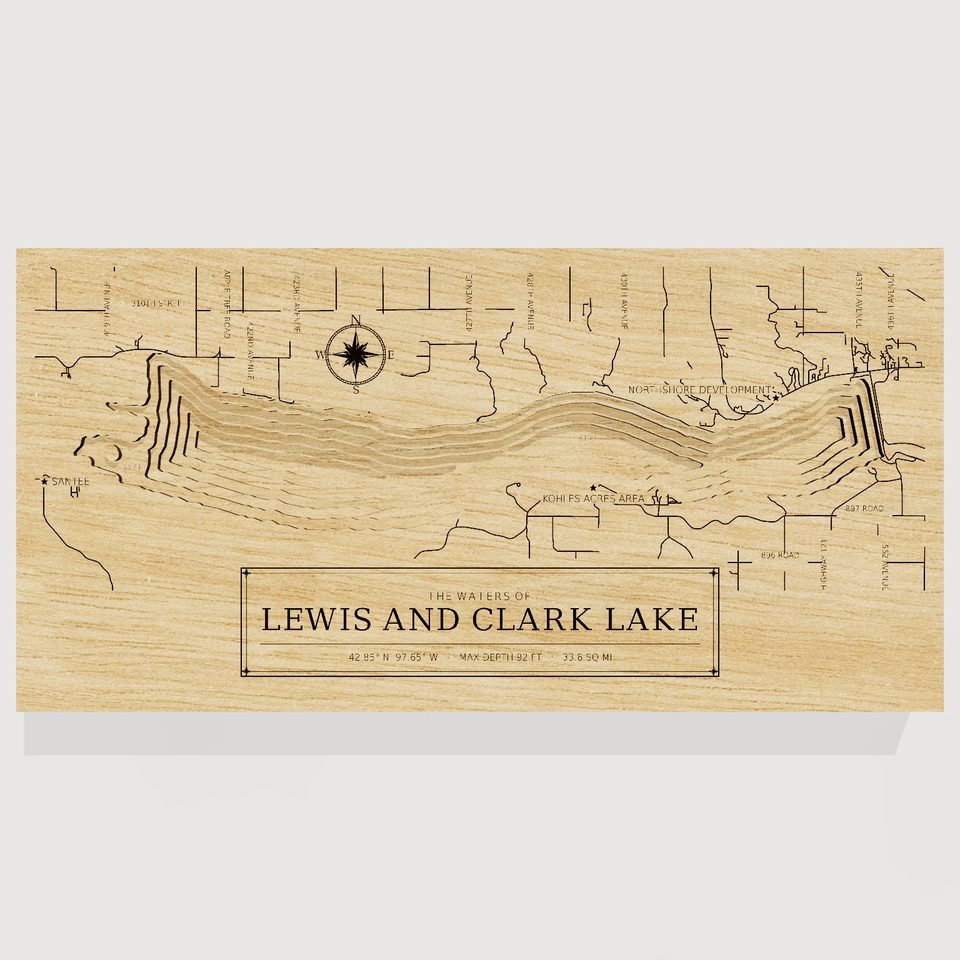 Lewis and Clark Lake 3D wood map, front view