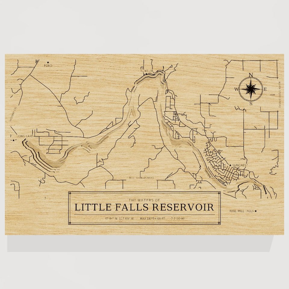 Little Falls Reservoir 3D wood map, front view