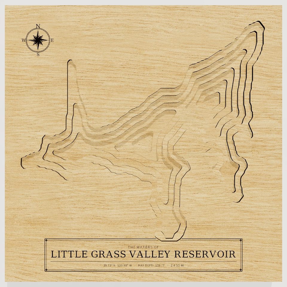 Little Grass Valley Reservoir 3D wood map, front view