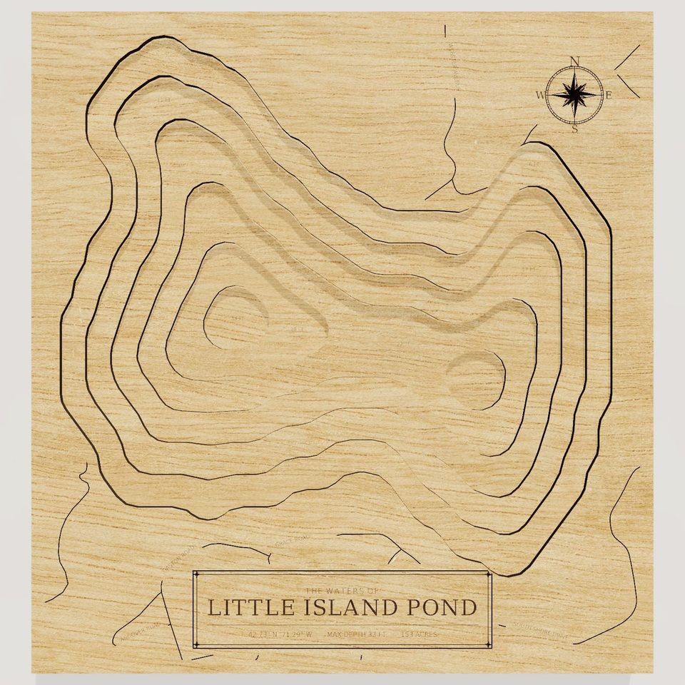 Little Island Pond 3D wood map, front view