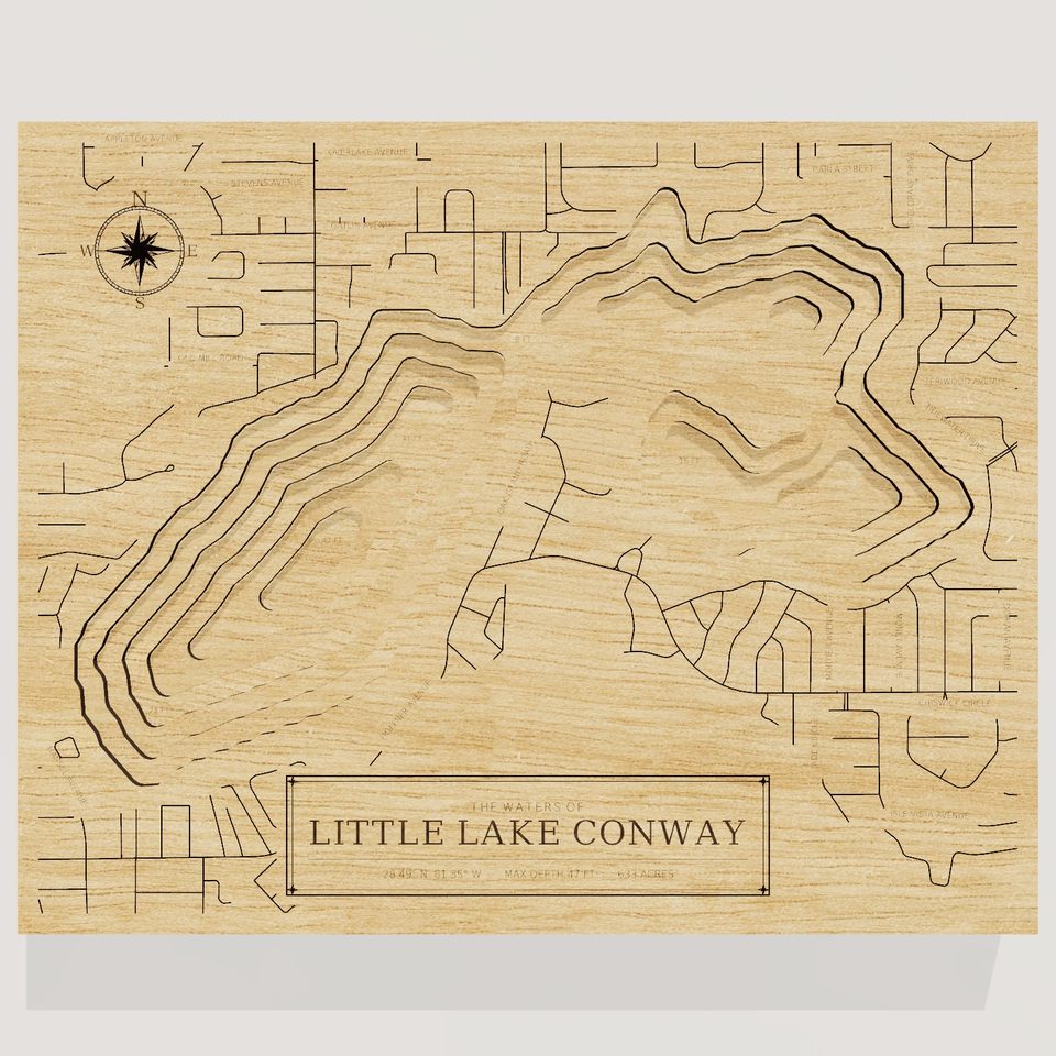 Little Lake Conway 3D wood map, front view