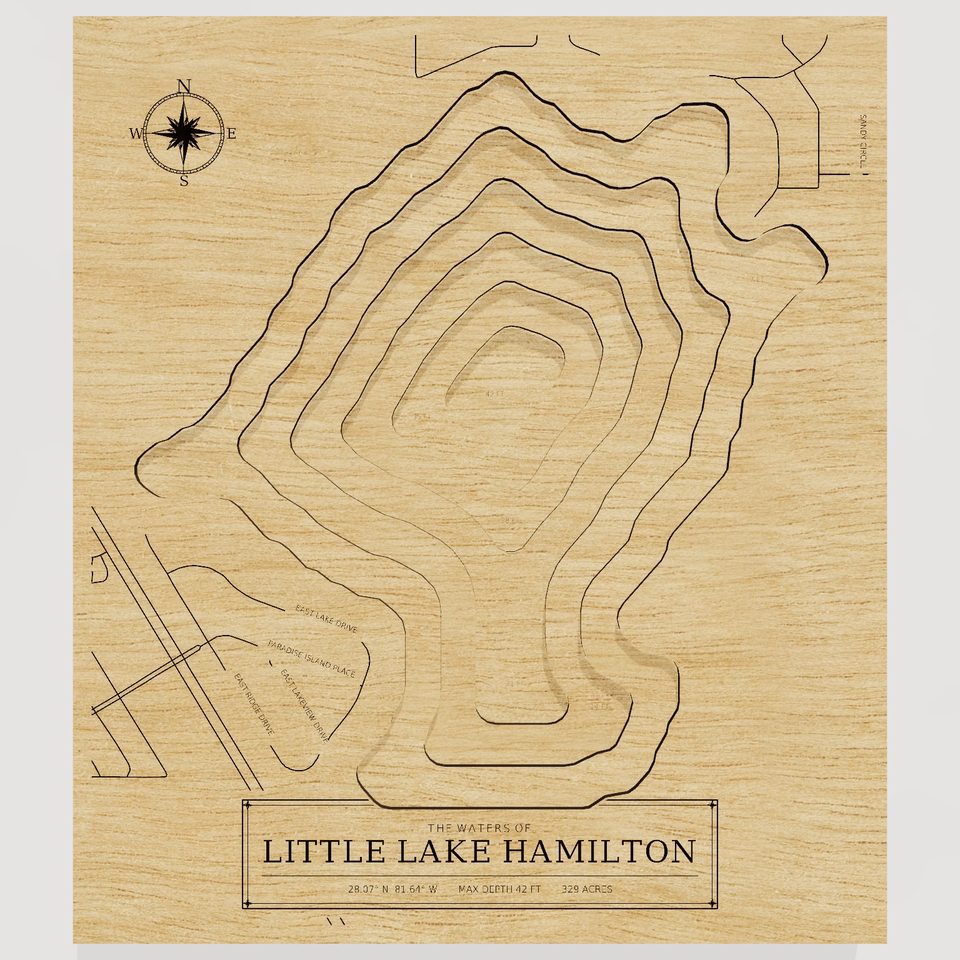 Little Lake Hamilton 3D wood map, front view