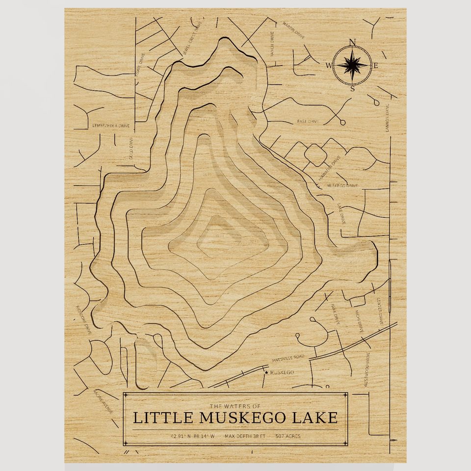 Little Muskego Lake 3D wood map, front view