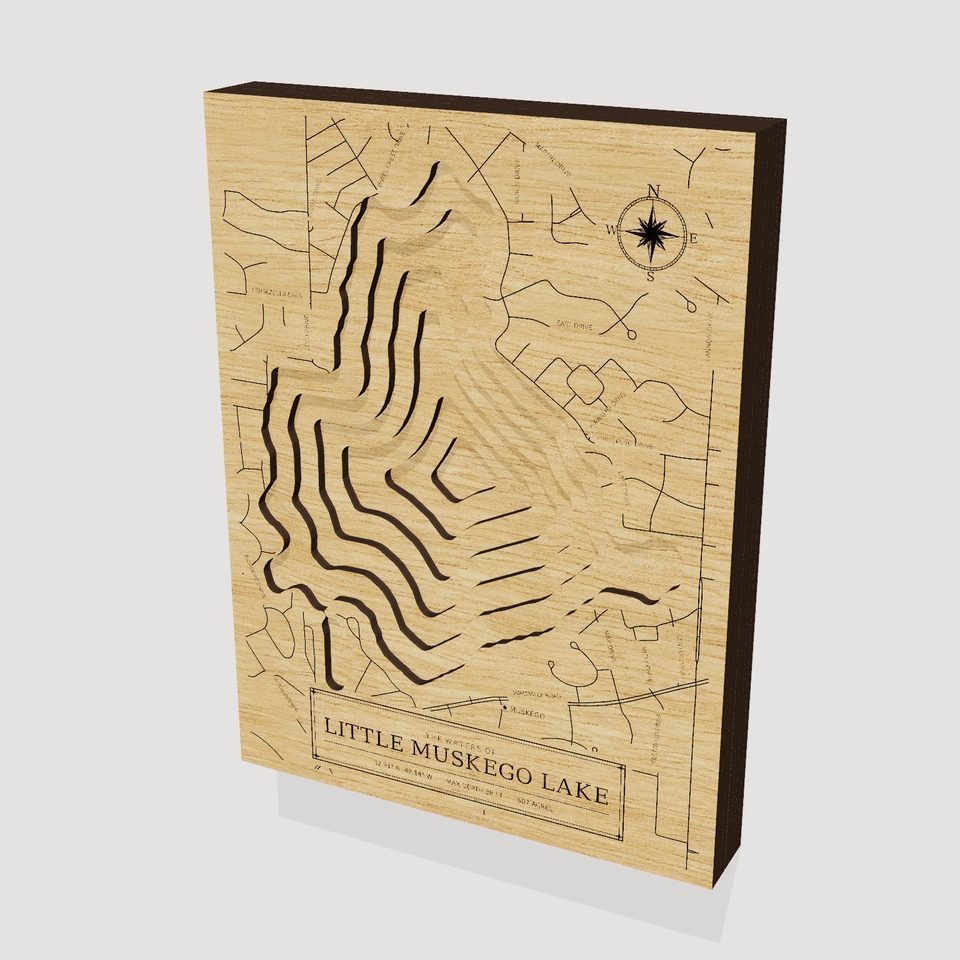 Little Muskego Lake 3D wood map, hero view