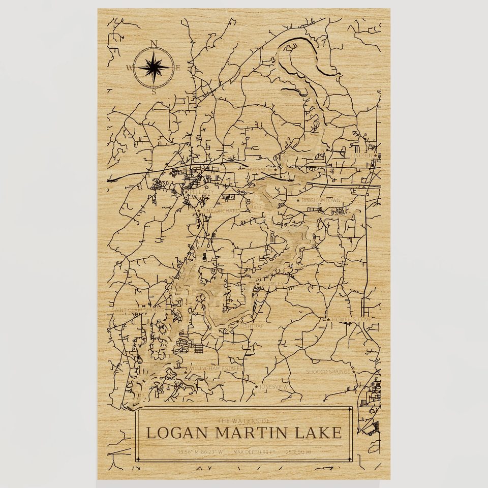 Logan Martin Lake 3D wood map, front view