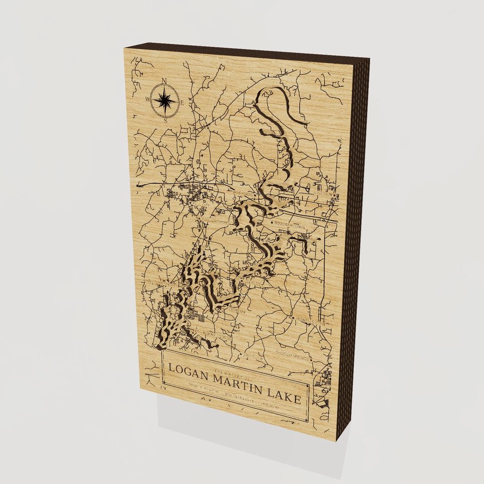 Logan Martin Lake 3D wood map, hero view