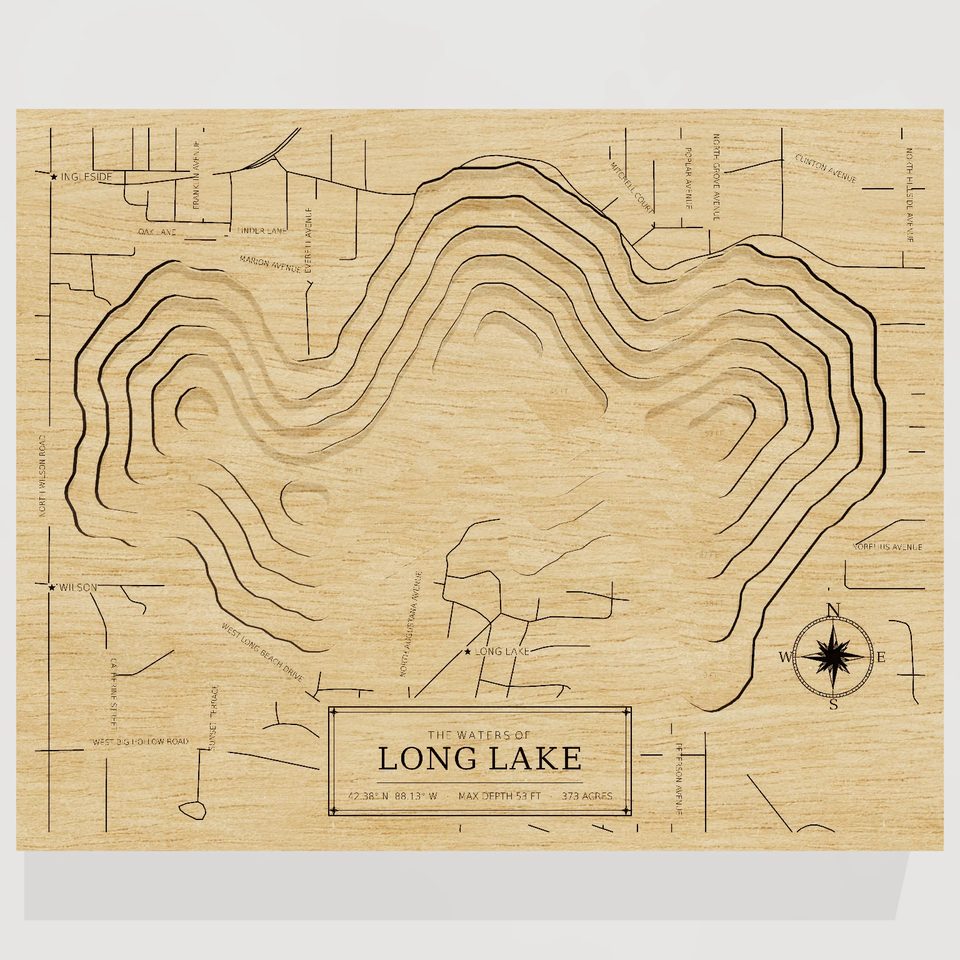 Long Lake 3D wood map, front view