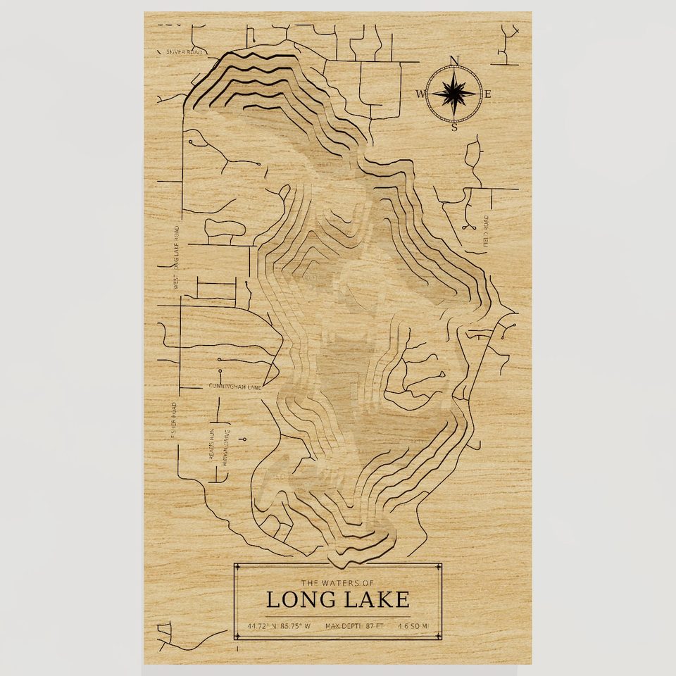 Long Lake 3D wood map, front view
