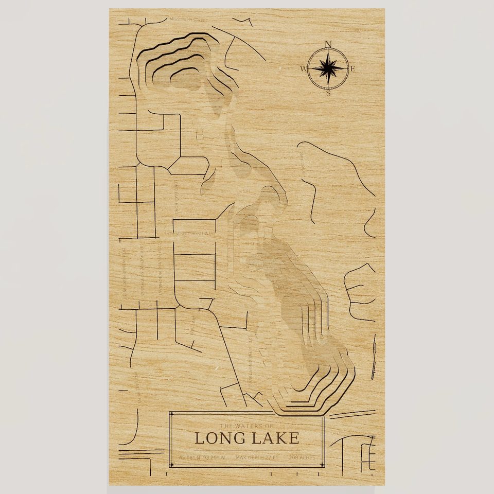 Long Lake 3D wood map, front view