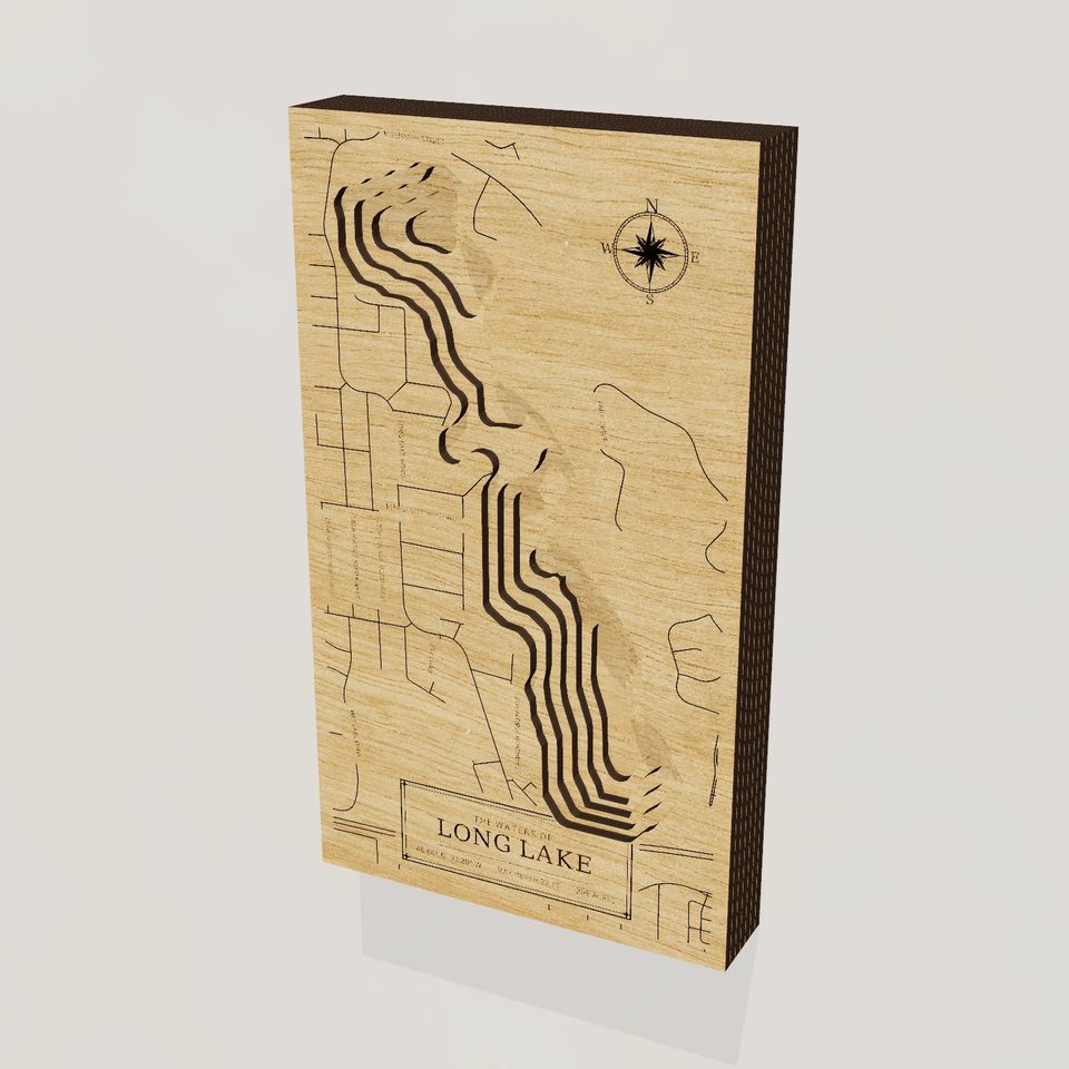 Long Lake 3D wood map, hero view