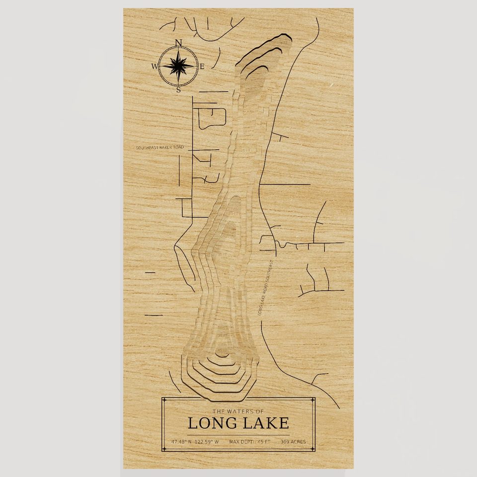 Long Lake 3D wood map, front view