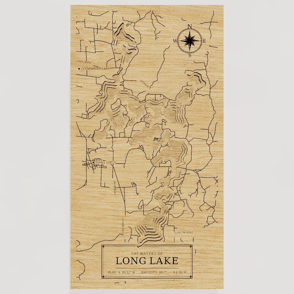 Long Lake 3D wood map, front view