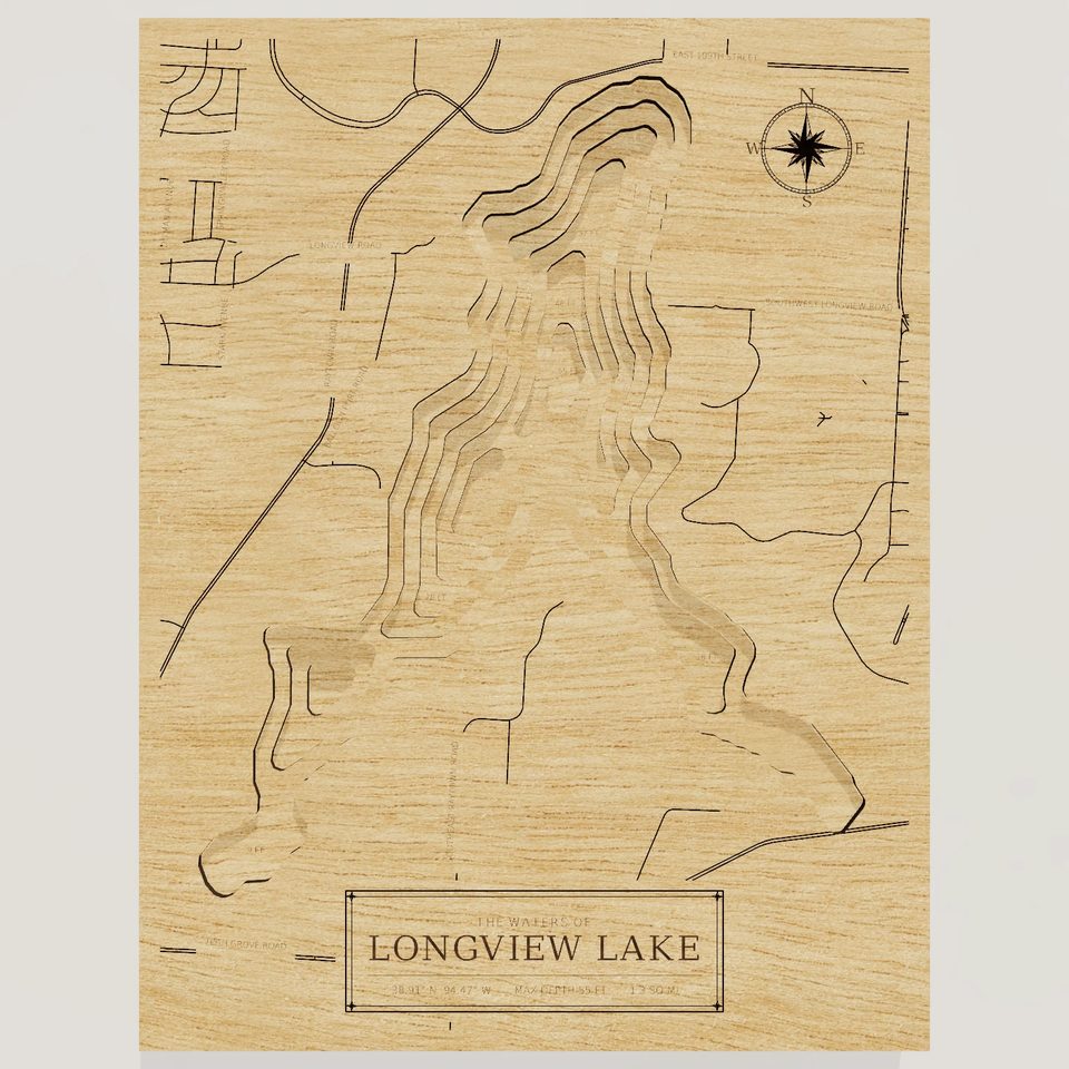 Longview Lake 3D wood map, front view