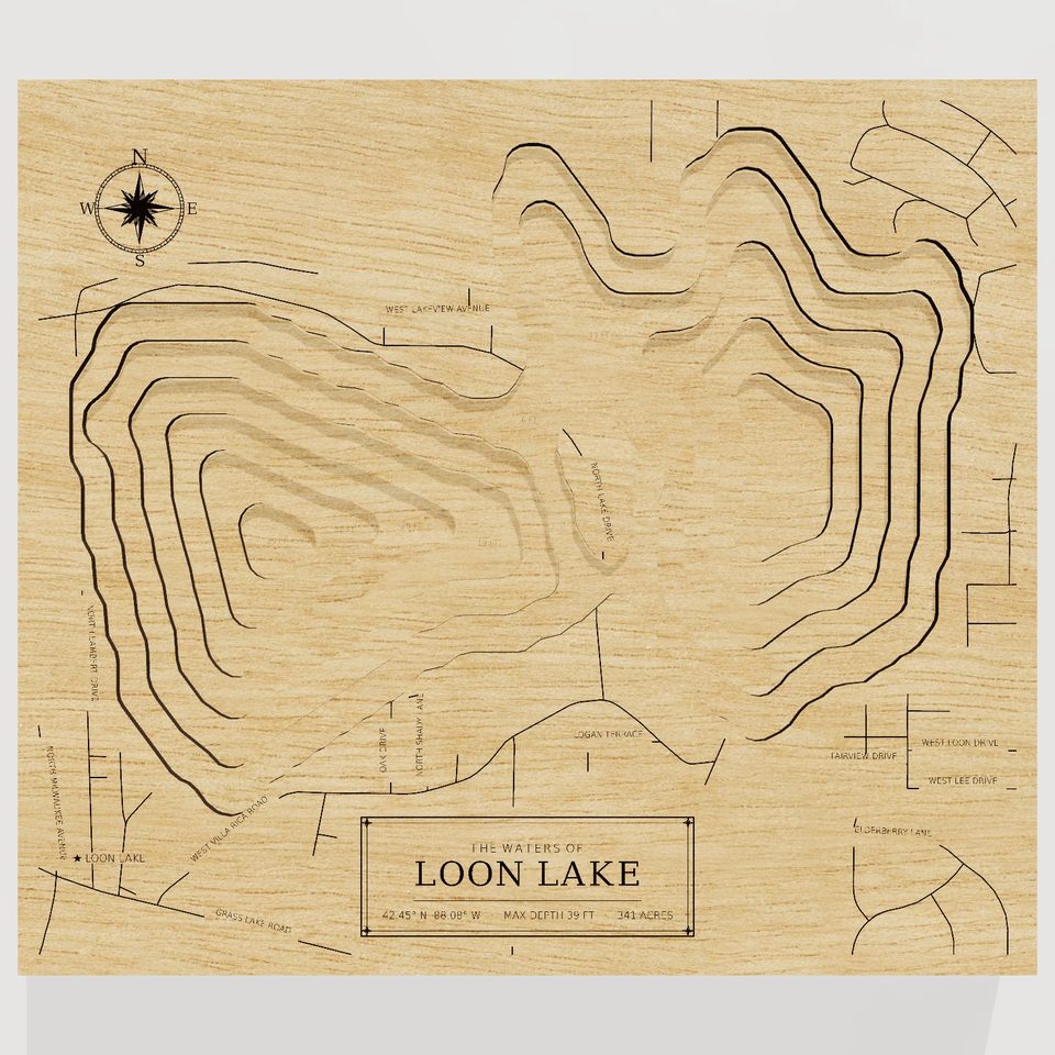 Loon Lake 3D wood map, front view