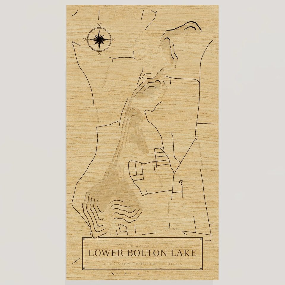 Lower Bolton Lake 3D wood map, front view