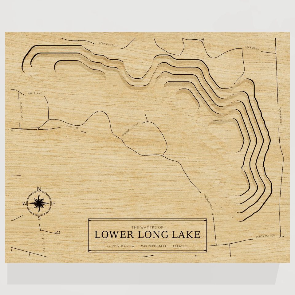 Lower Long Lake 3D wood map, front view