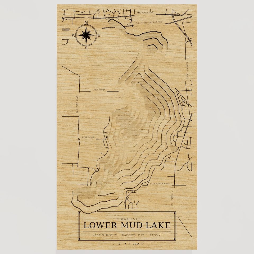 Lower Mud Lake 3D wood map, front view