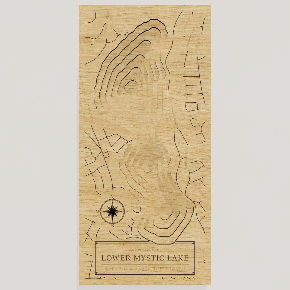 Lower Mystic Lake 3D wood map, front view