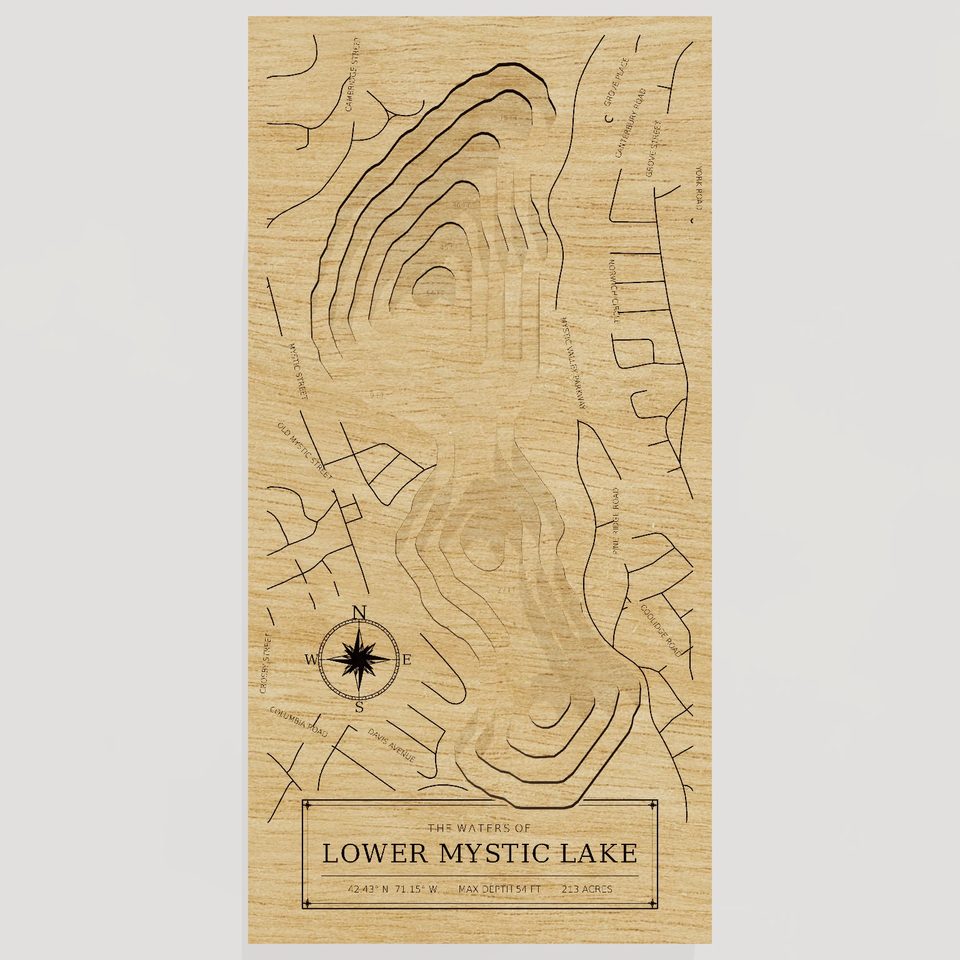 Lower Mystic Lake 3D wood map, front view