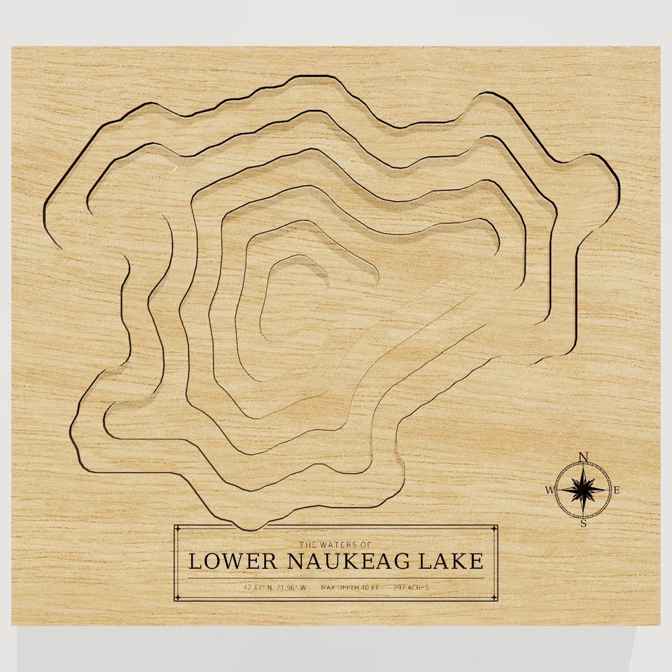 Lower Naukeag Lake 3D wood map, front view