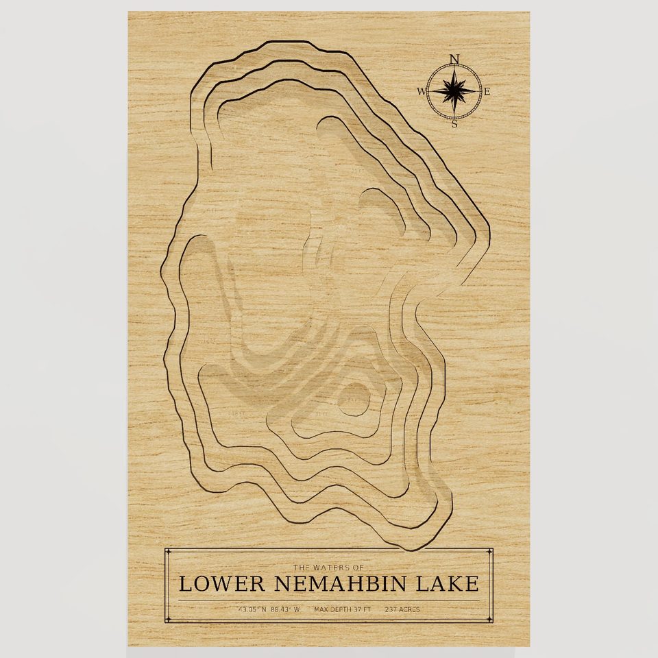 Lower Nemahbin Lake 3D wood map, front view