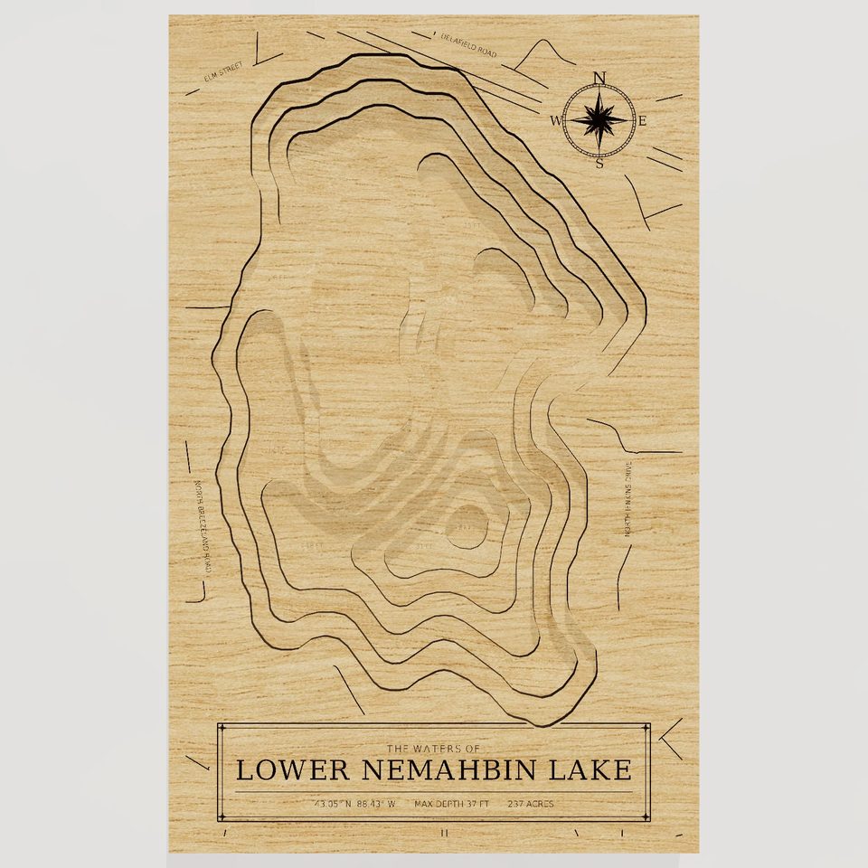 Lower Nemahbin Lake 3D wood map, front view