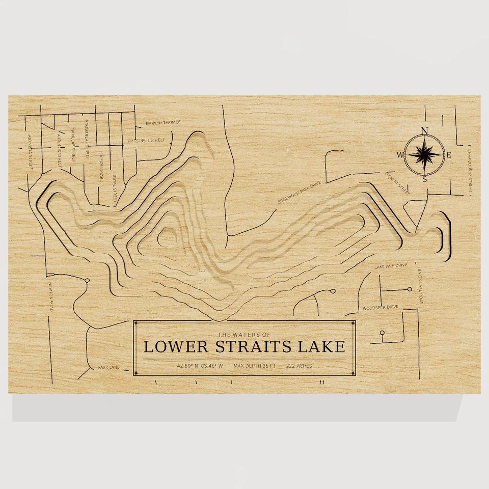 Lower Straits Lake 3D wood map, front view