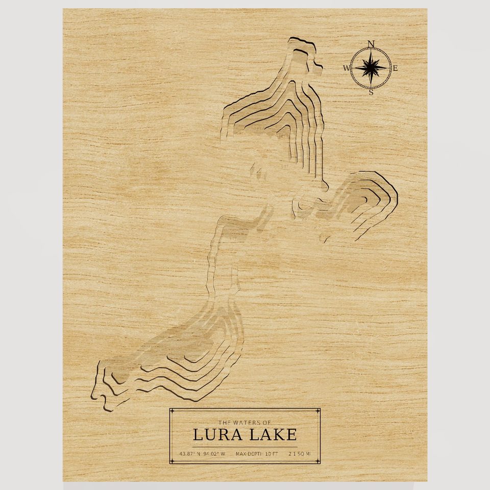 Lura Lake 3D wood map, front view