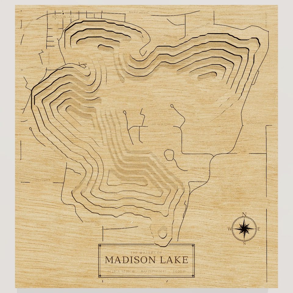 Madison Lake 3D wood map, front view