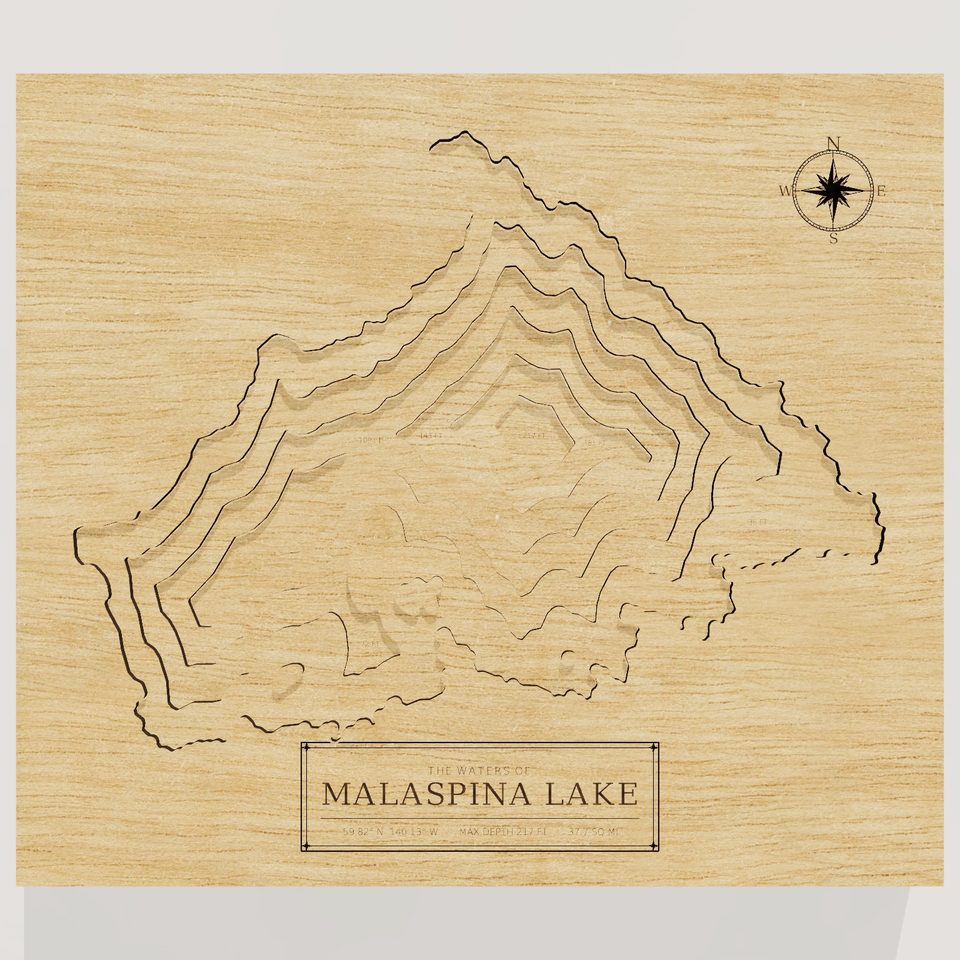 Malaspina Lake 3D wood map, front view